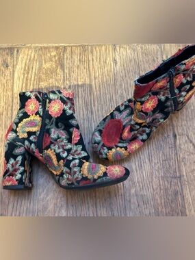 MIA Embroidered Floral Ankle Boots - Black with Red & Gold Accents
